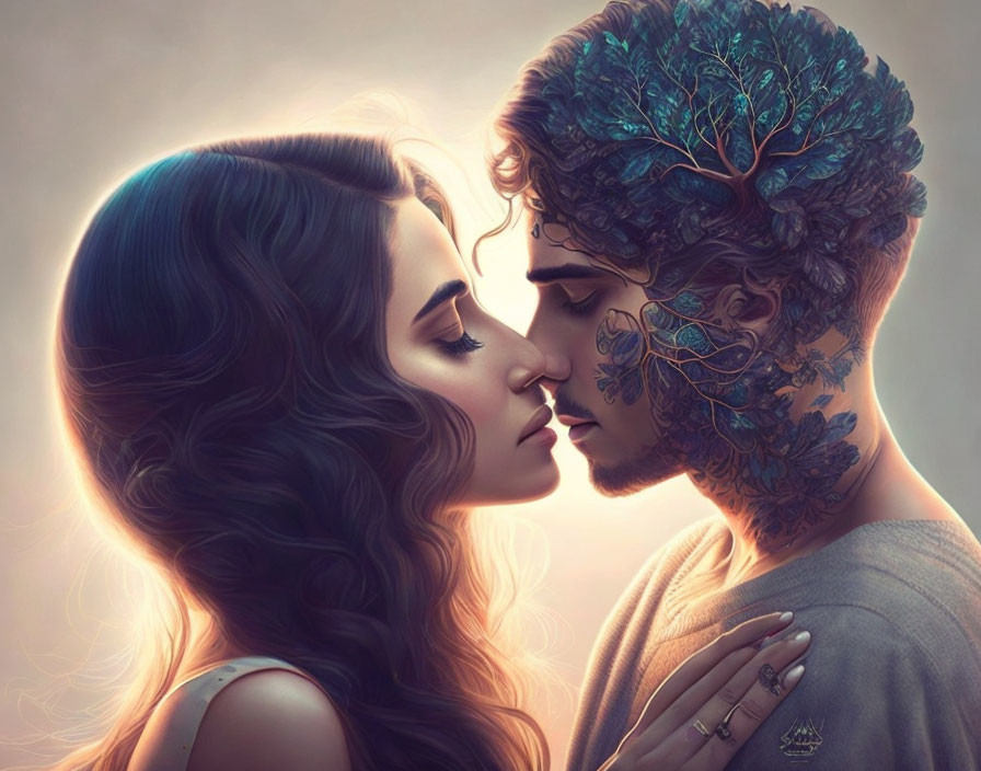 Digital artwork: Couple about to kiss with intricate tree-like designs on man's head