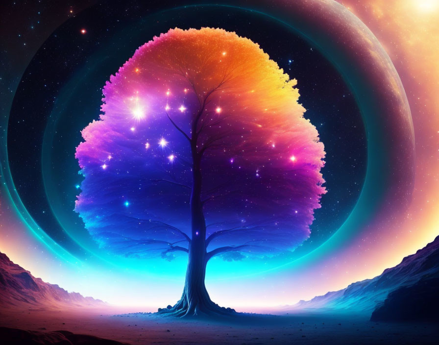 Colorful Tree with Galaxy Canopy in Surreal Alien Landscape