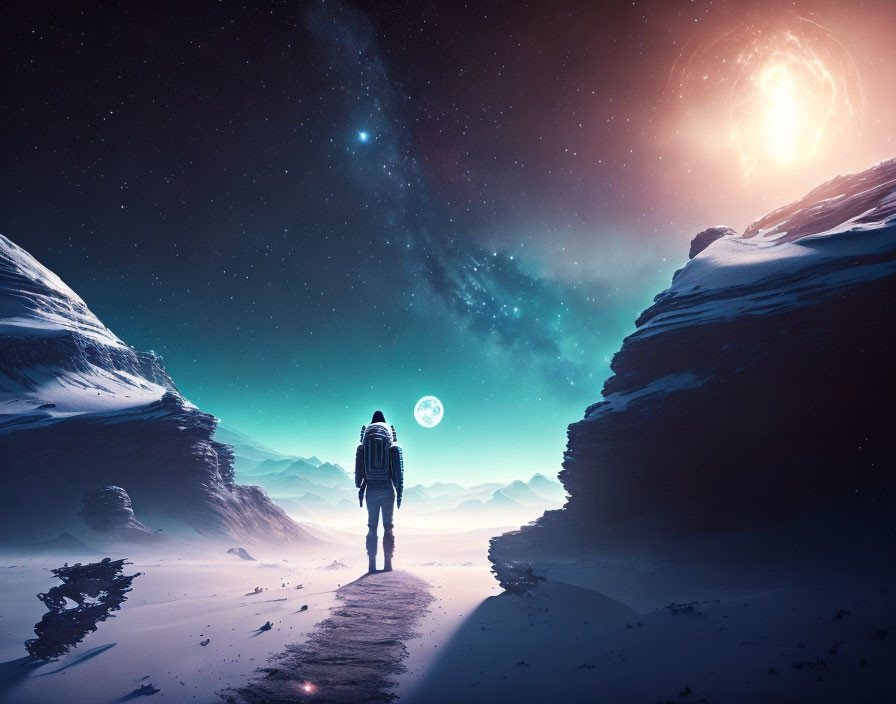 Astronaut between snowy cliffs on alien planet under star-filled night sky