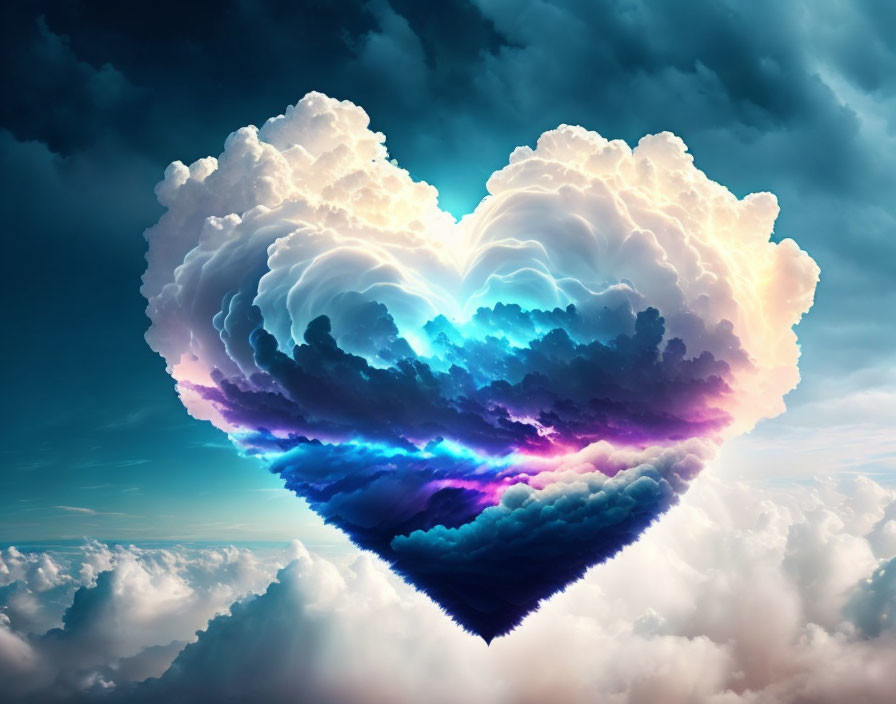 Heart-shaped cloud with colorful center in serene blue sky