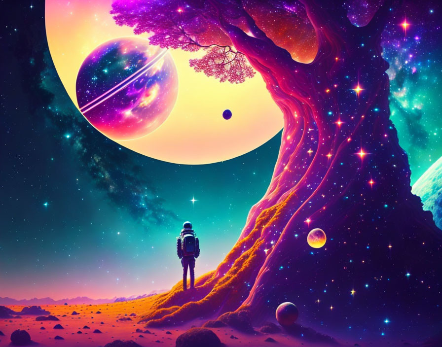 Astronaut on vibrant alien planet with colorful trees and multiple moons