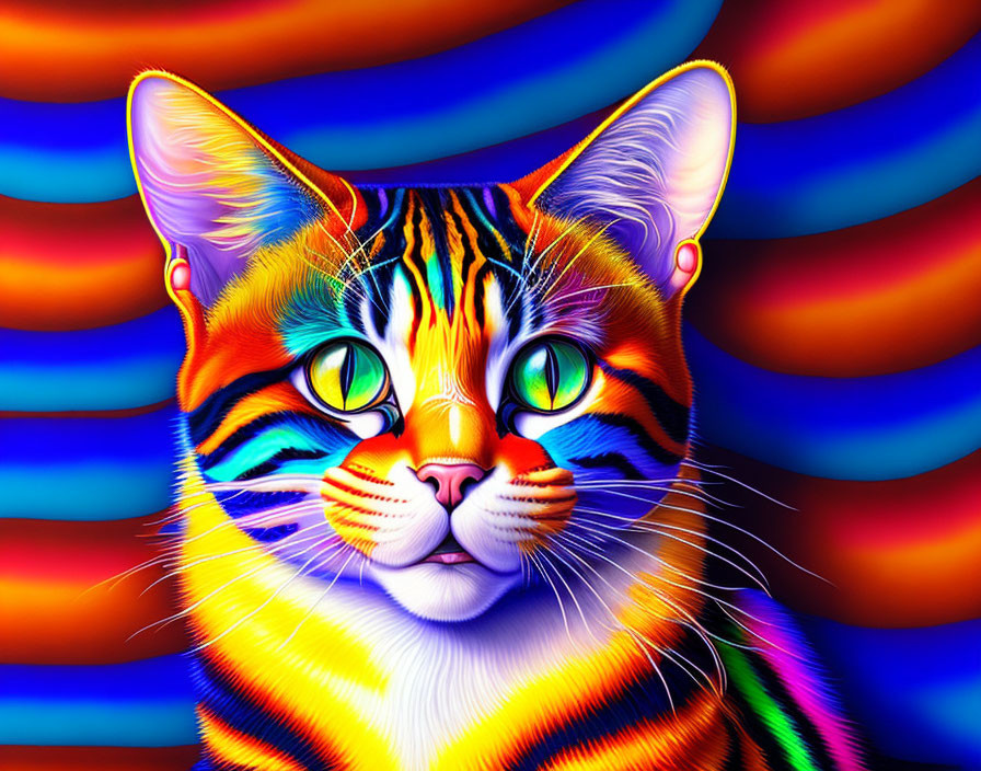 Colorful Stylized Cat Artwork with Blue and Orange Background