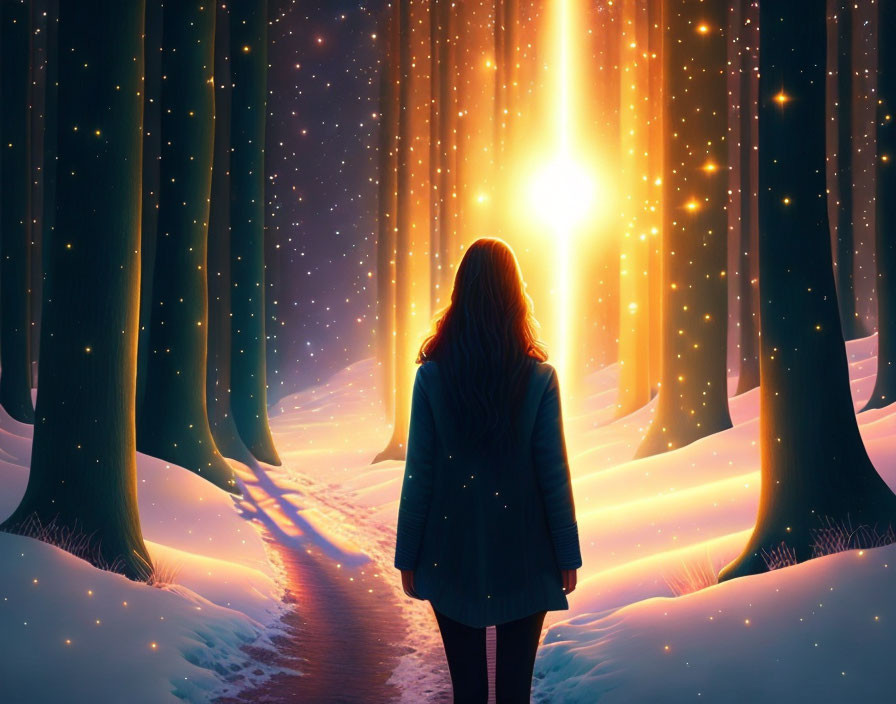 Person in snowy forest mesmerized by twilight light rays