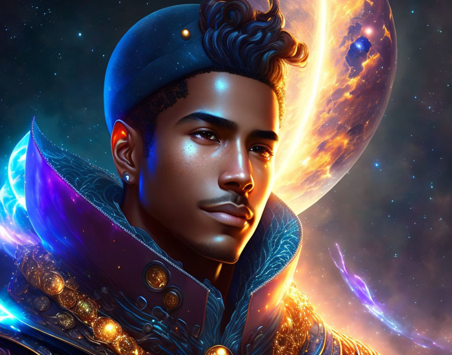 Male figure in blue hat & futuristic armor on cosmic backdrop with glowing planet