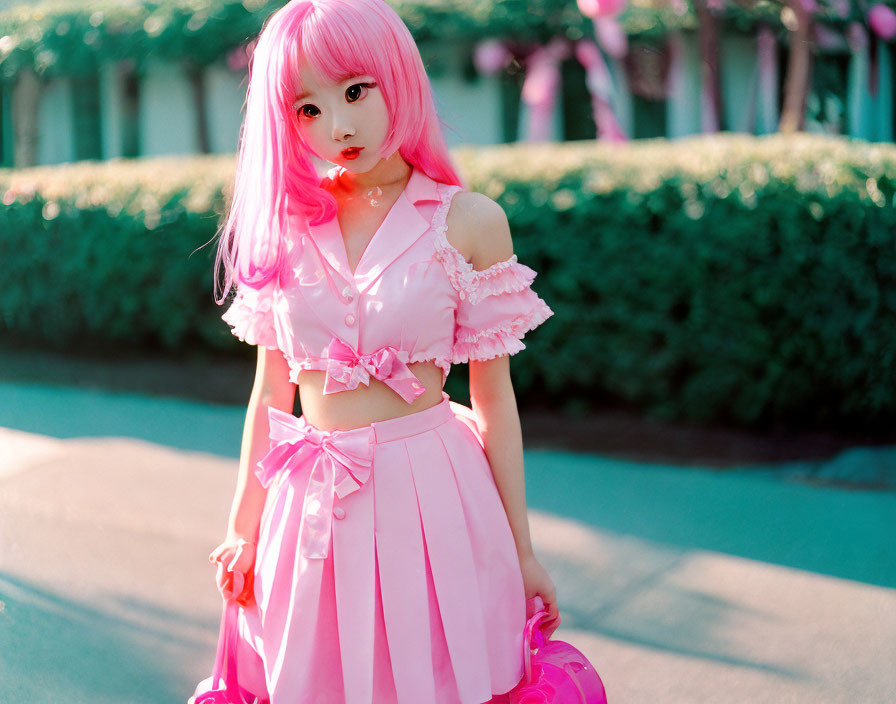 Person in Pink Outfit with Pink Hair Holding Clear Bag Outdoors