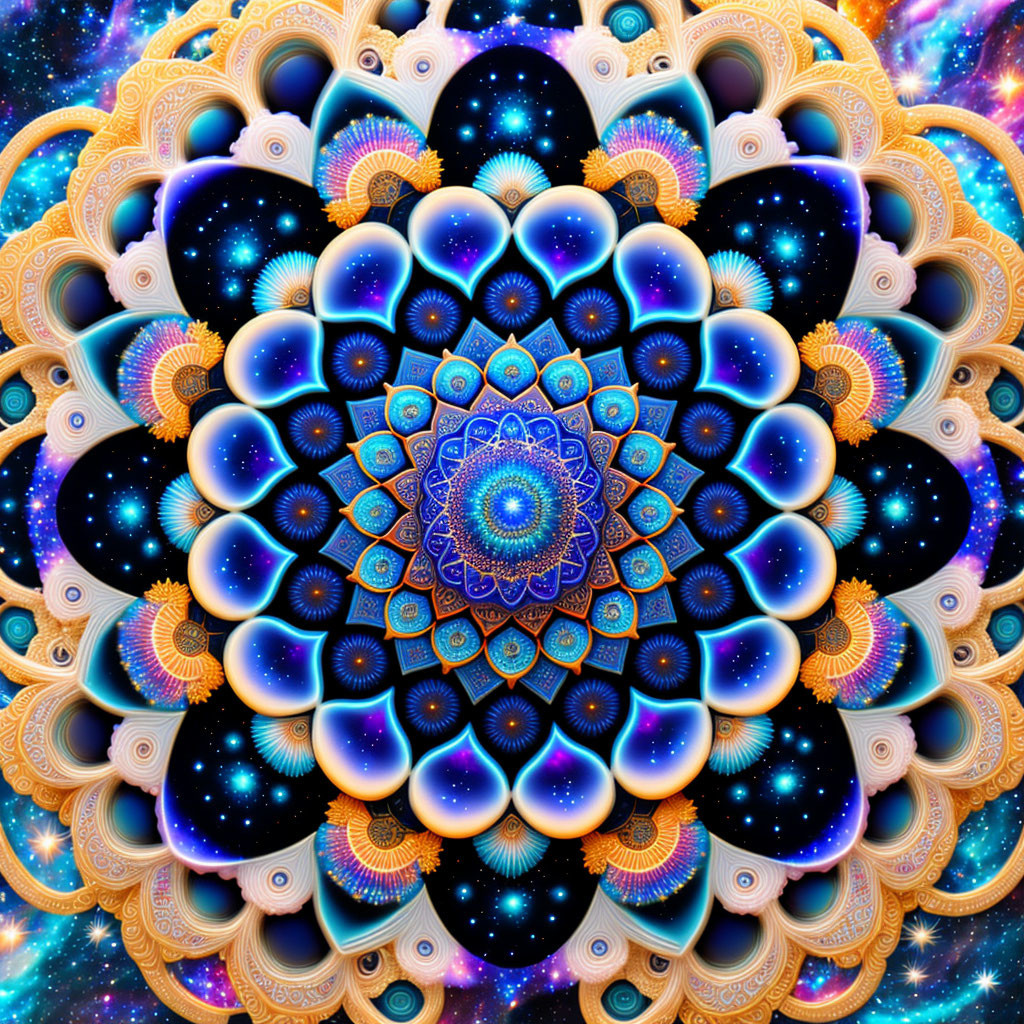 Colorful Fractal Image with Symmetric Celestial and Floral Patterns