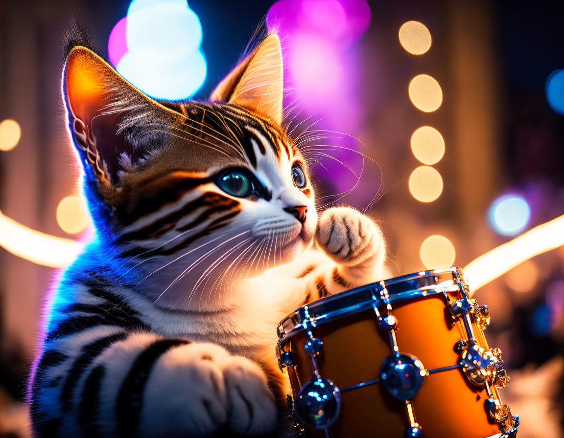 Tabby kitten playing with drum in colorful backdrop