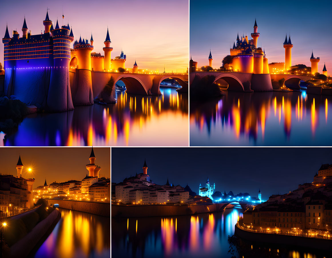 Night Scenes Collage: Fairytale Castle & Illuminated Buildings by Calm Waters