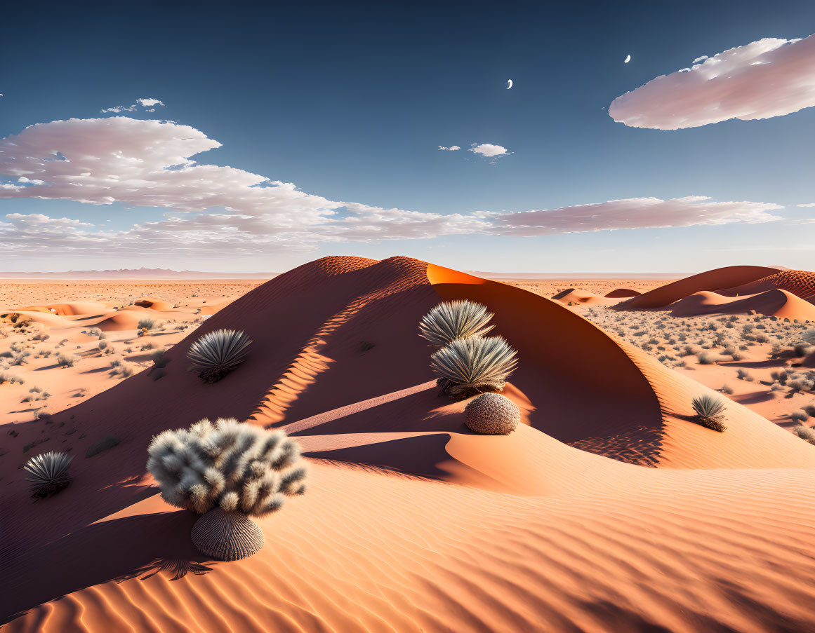 Desert landscape with orange sand dunes and crescent moons