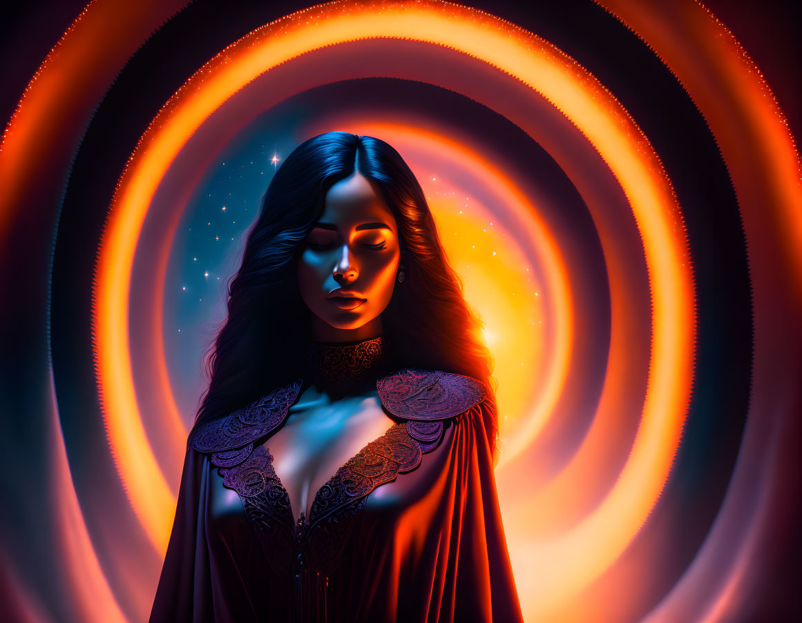 Woman standing with closed eyes in front of swirling cosmic colors