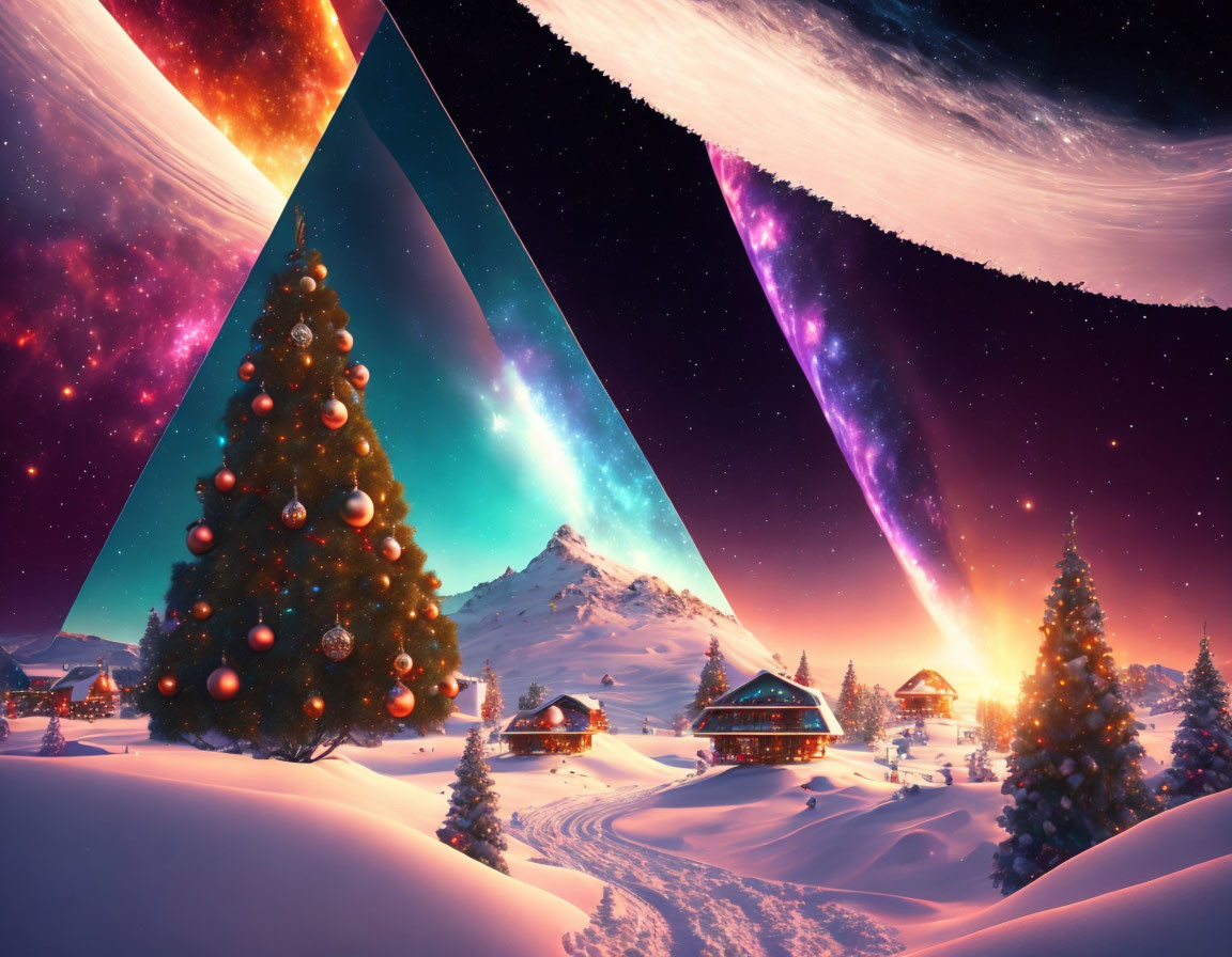 Winter scene with Christmas tree, cabins, mountain, and cosmic portals