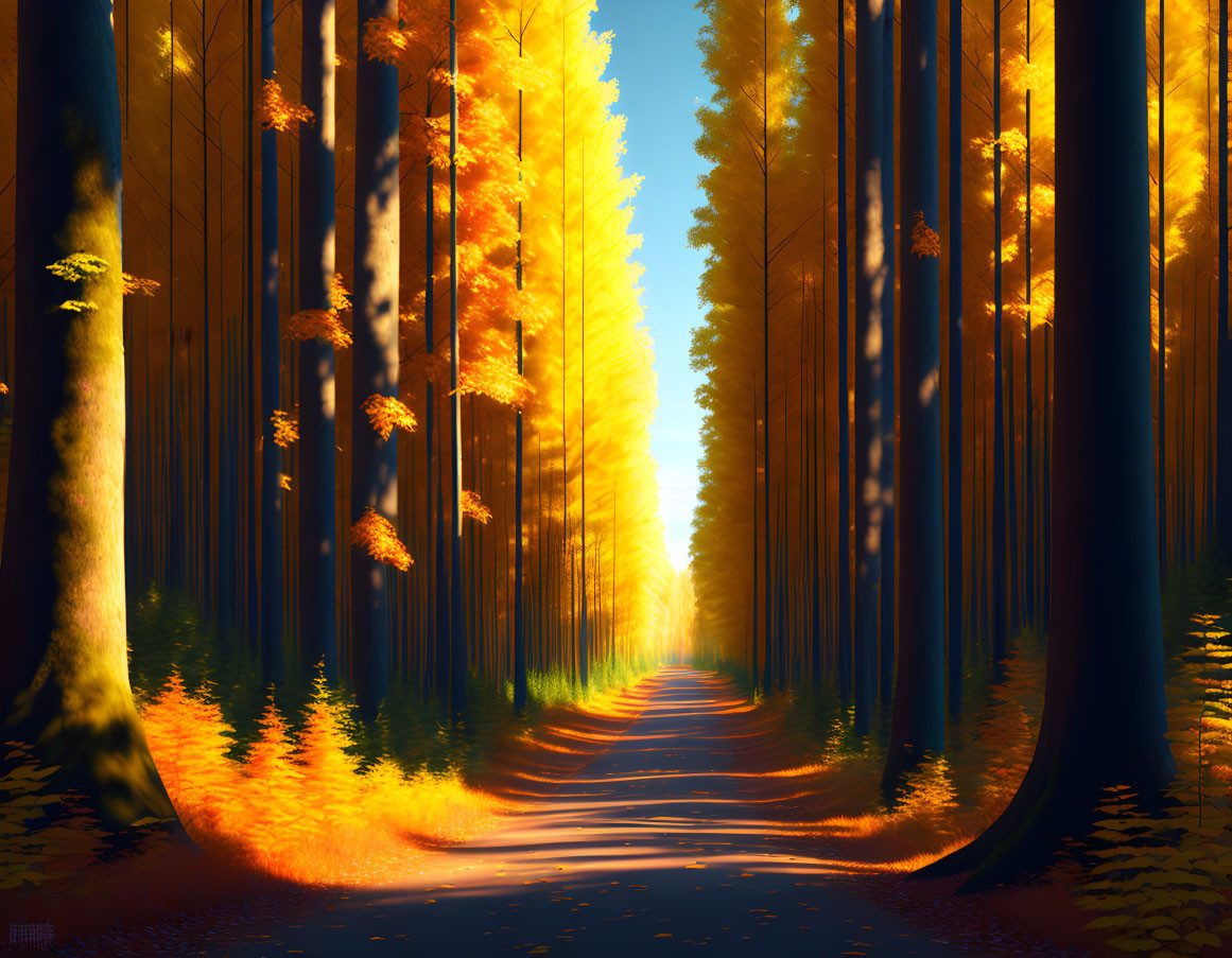 Tranquil digital artwork: Forest path with autumn trees and warm light