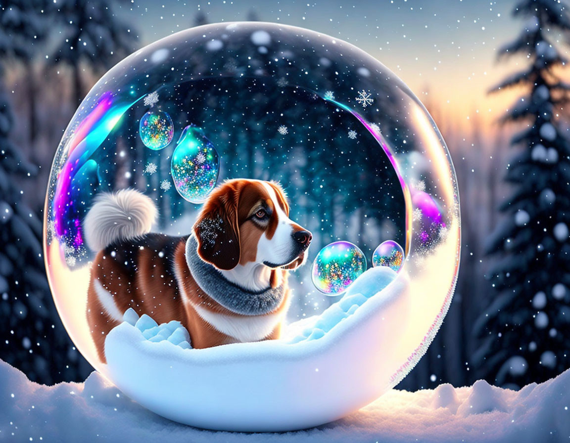 Dog in transparent bubble surrounded by colorful bubbles on snowy landscape