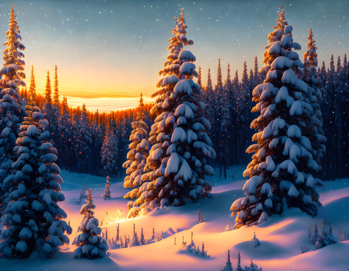 Snowy Sunset Landscape with Pine Trees and Starry Sky