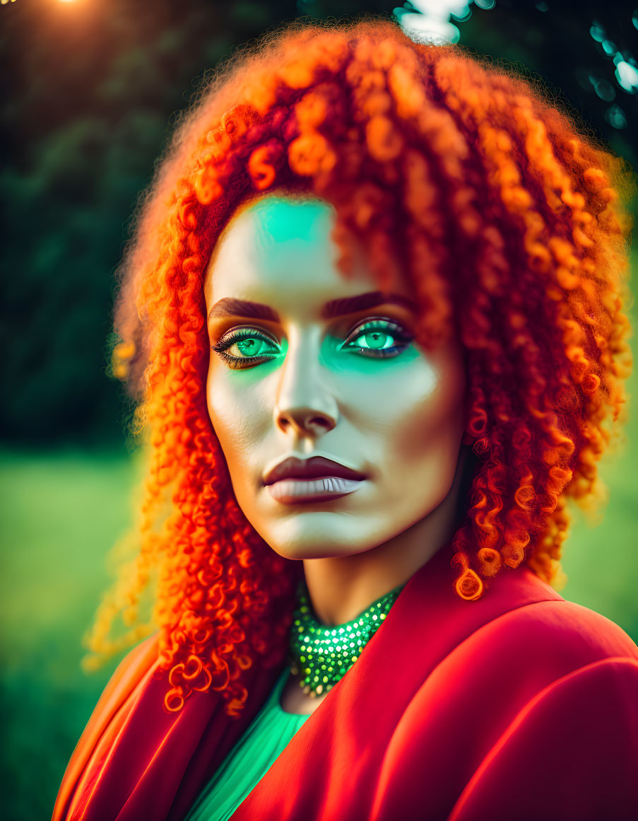 Vibrant red-haired woman in red blazer and green eyeshadow portrait