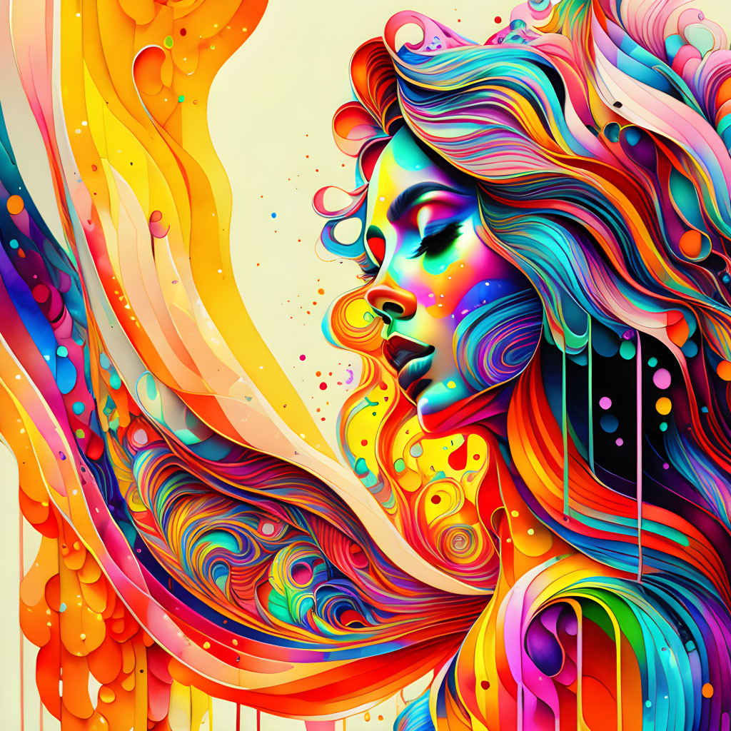 Colorful Abstract Art: Woman's Profile with Flowing Hair & Psychedelic Patterns