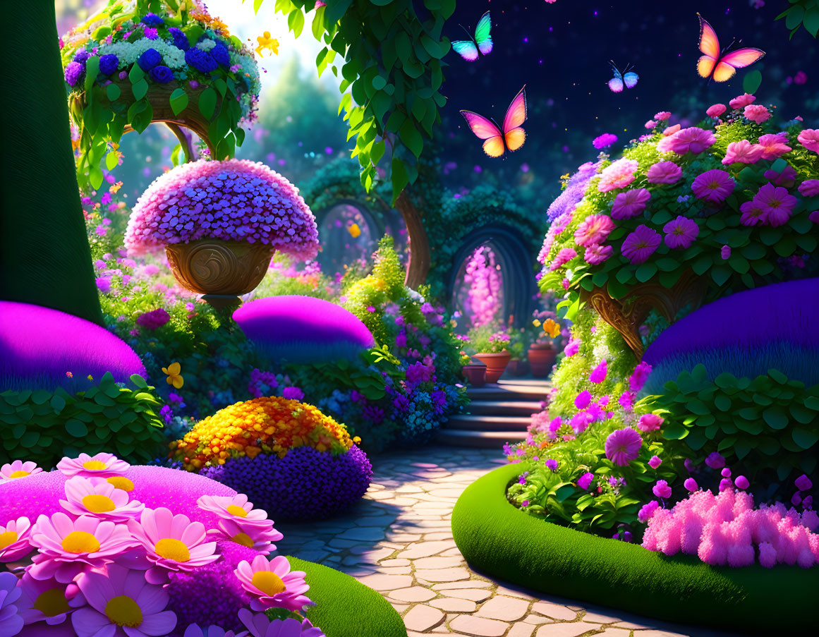 Colorful Fantasy Garden with Flowers, Mushrooms, Butterflies, Stone Path, and Enchanted