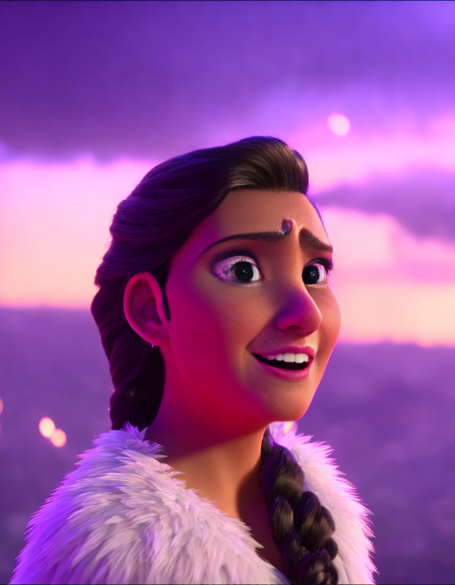 Animated female character in white outfit with braid smiles under purple sunset sky