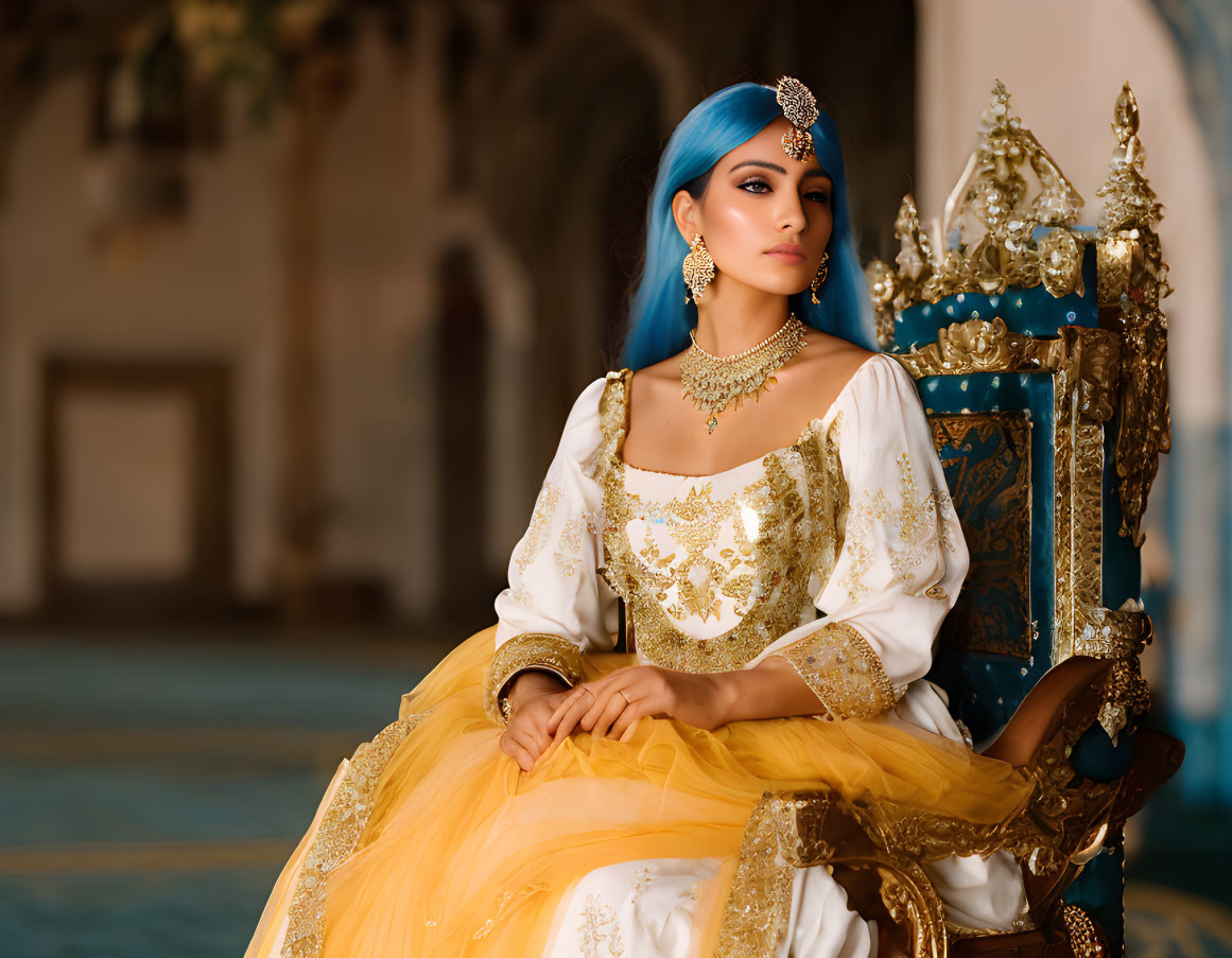 Woman in gold and yellow dress on throne in ornate room