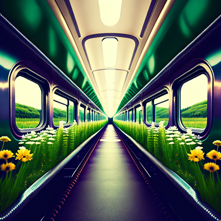 Vibrant train interior with large windows revealing surreal green landscape