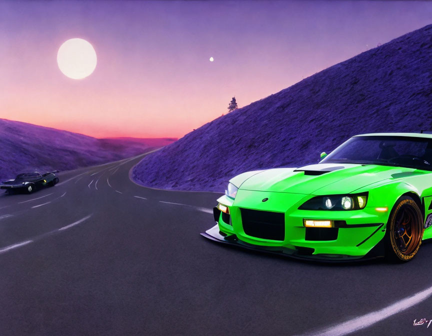 Vibrant Green Sports Car Leading on Winding Road at Sunset