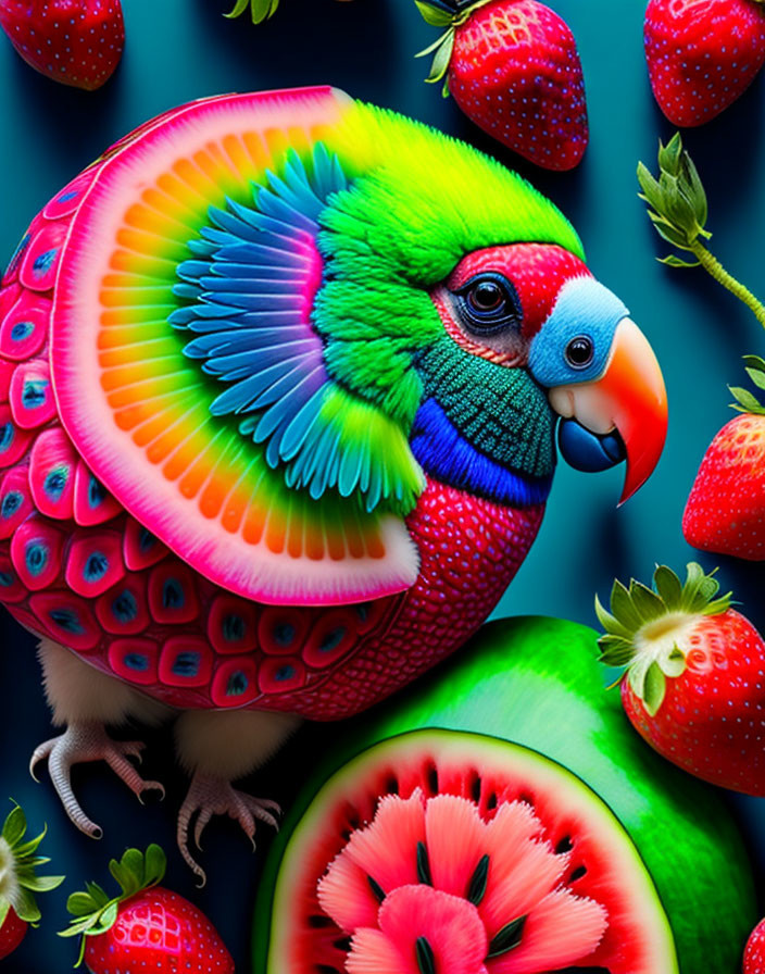 Colorful Parrot Artwork with Strawberry and Watermelon Motifs