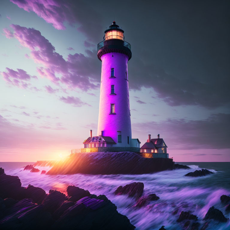 Scenic purple-lit lighthouse on rocky shore at sunset