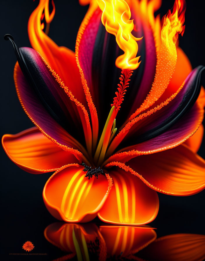 Vibrant red and orange lily petals turning into flames on dark surface