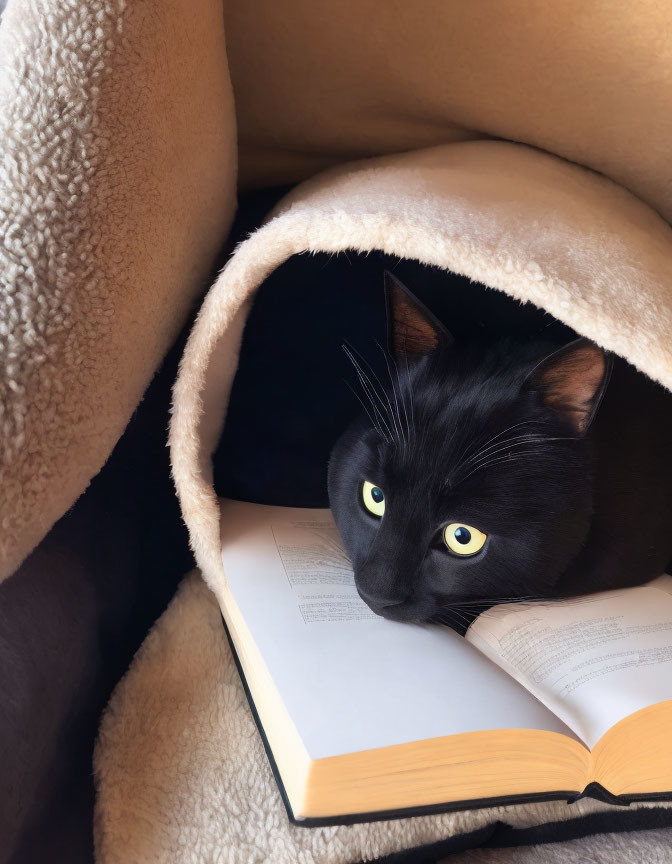 Black Cat with Yellow Eyes Resting on Book in Cozy Blanket Cave