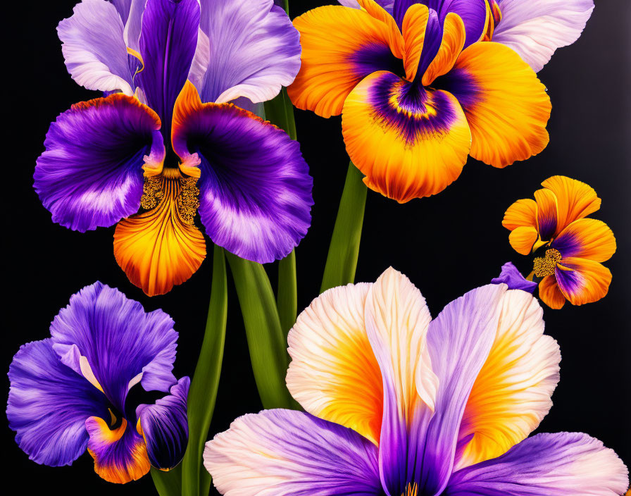 Colorful Iris Flowers in Purple, Yellow, and Orange on Dark Background