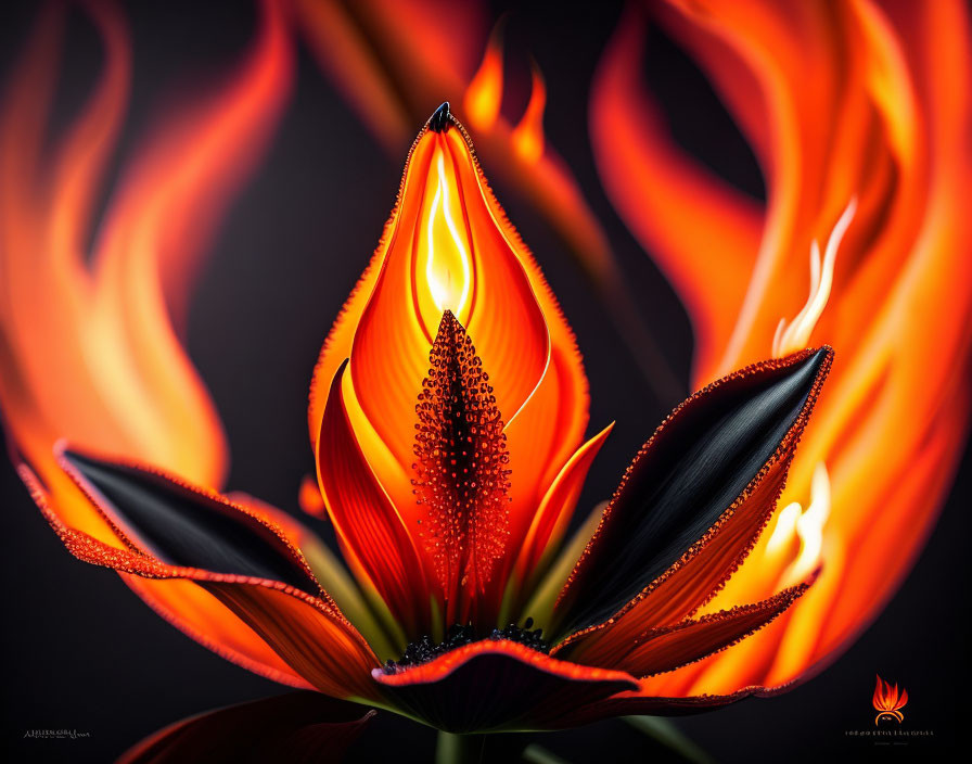 Vibrant orange and red flame-like flower on fiery dark backdrop