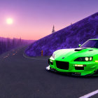 Vibrant Green Sports Car Leading on Winding Road at Sunset