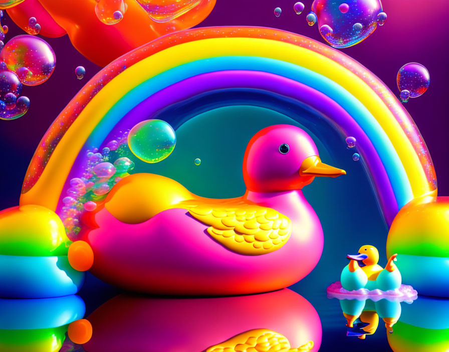 Colorful Rainbow Background with Large Yellow Rubber Duck and Bubbles