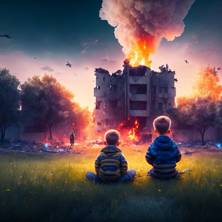 Children watch distant building on fire amidst chaos.