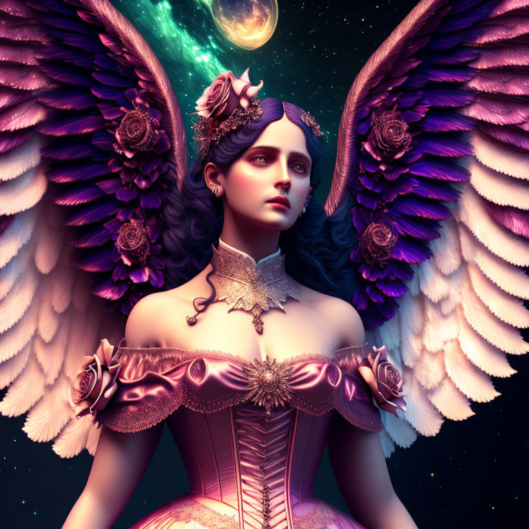 Colorful surreal illustration of woman with angel wings in starry night sky