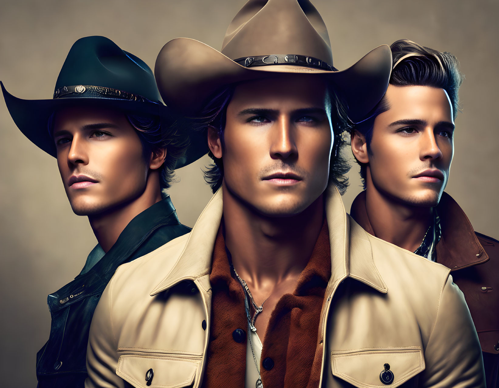 Three men in cowboy hats with intense expressions in Western-style clothing