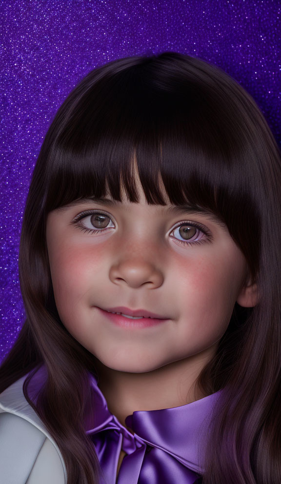 Young girl with brown hair and purple bow on rosy cheeks in purple backdrop