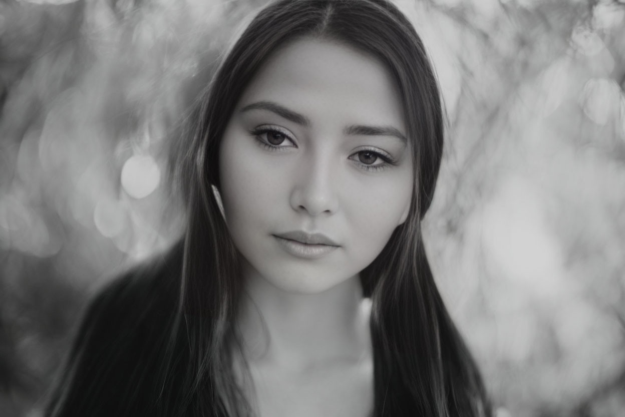 Monochrome portrait of young woman with long hair gazing at camera