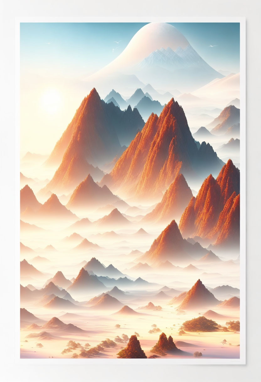 Misty mountains with warm glow and serene planet.