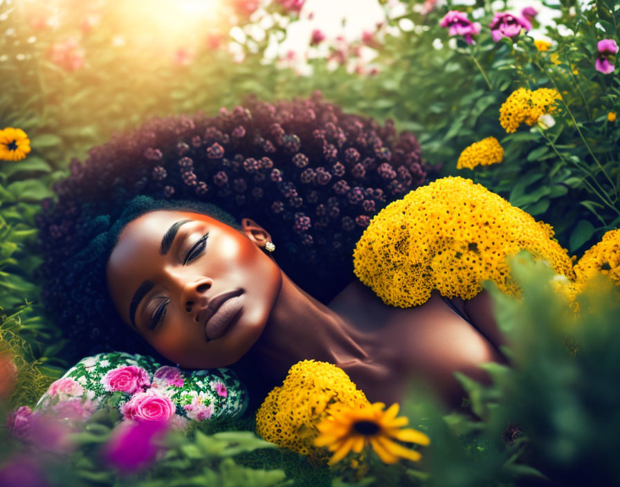 Dark Curly-Haired Woman Among Vibrant Flowers in Peaceful Pose