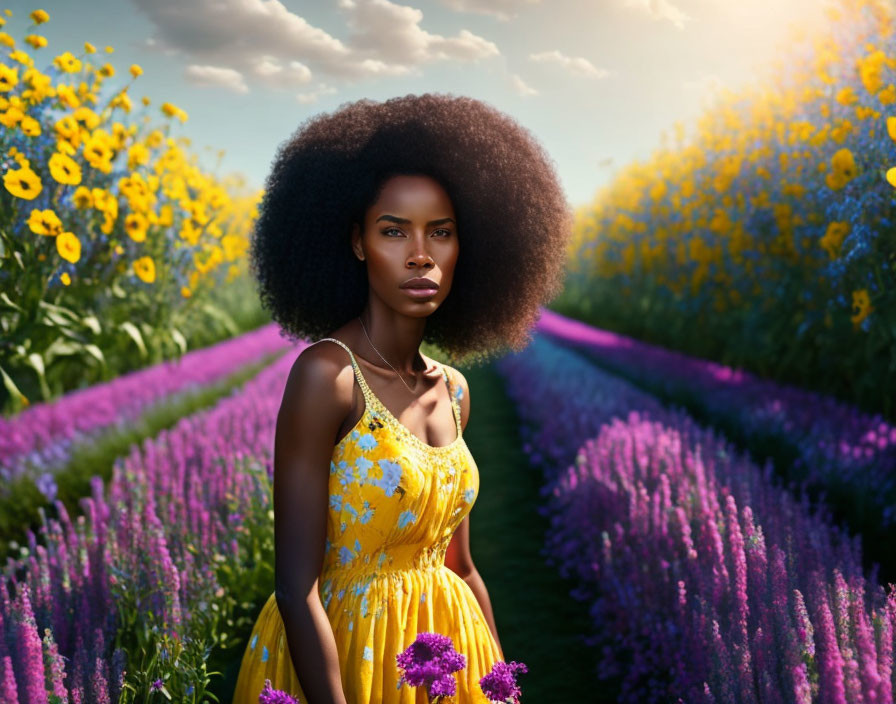 Woman with Voluminous Afro Hair in Yellow Dress Standing in Vibrant Flower Field