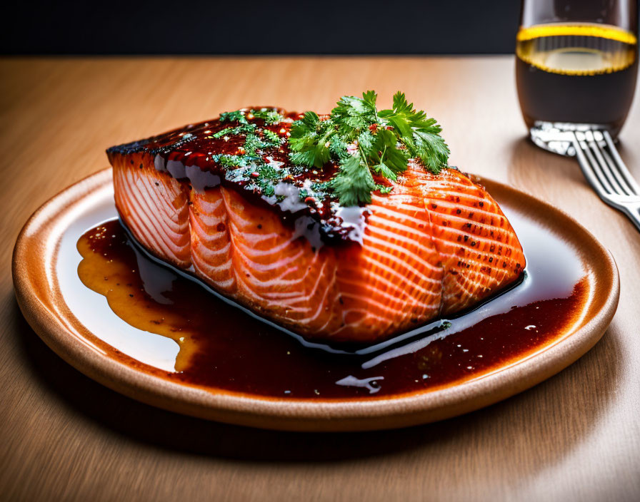 Glazed salmon fillet with herbs, sauce, lemon drink on wooden table