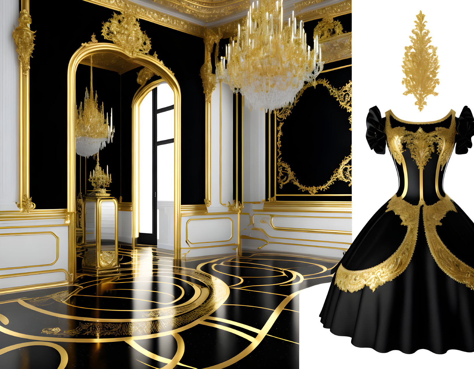 Luxurious Black and Gold Decor Room with Elegant Dress