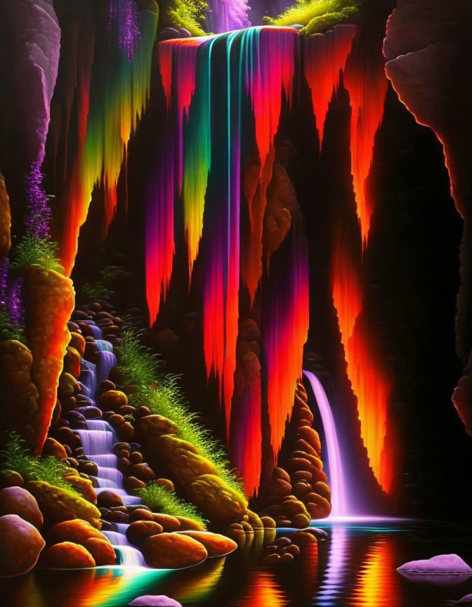 Multicolored illuminated waterfalls over dark rocks in serene pool