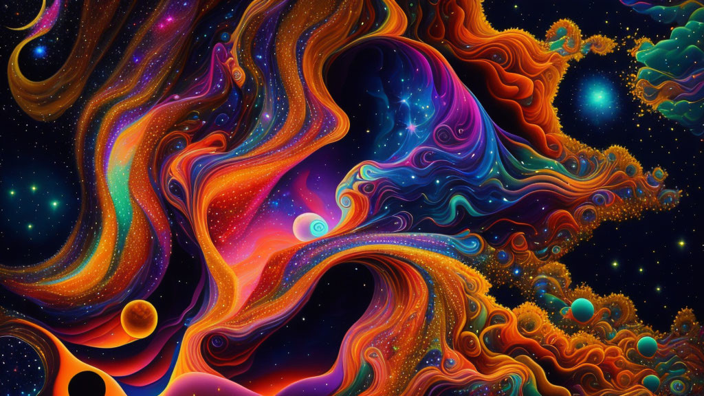 Colorful Swirling Cosmic Art with Stars and Celestial Shapes