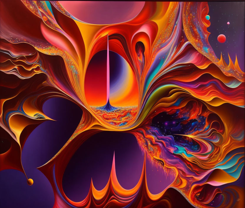 Colorful Abstract Artwork with Swirling Patterns and Eye Motif