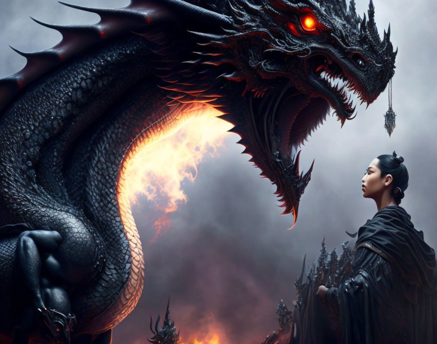 Woman in dark cloak faces fiery dragon under ominous clouds