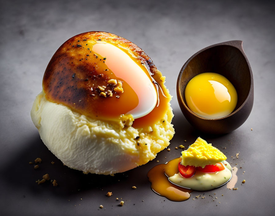 Soft-Boiled Egg on Creamy Base with Brioche Bun and Garnishes