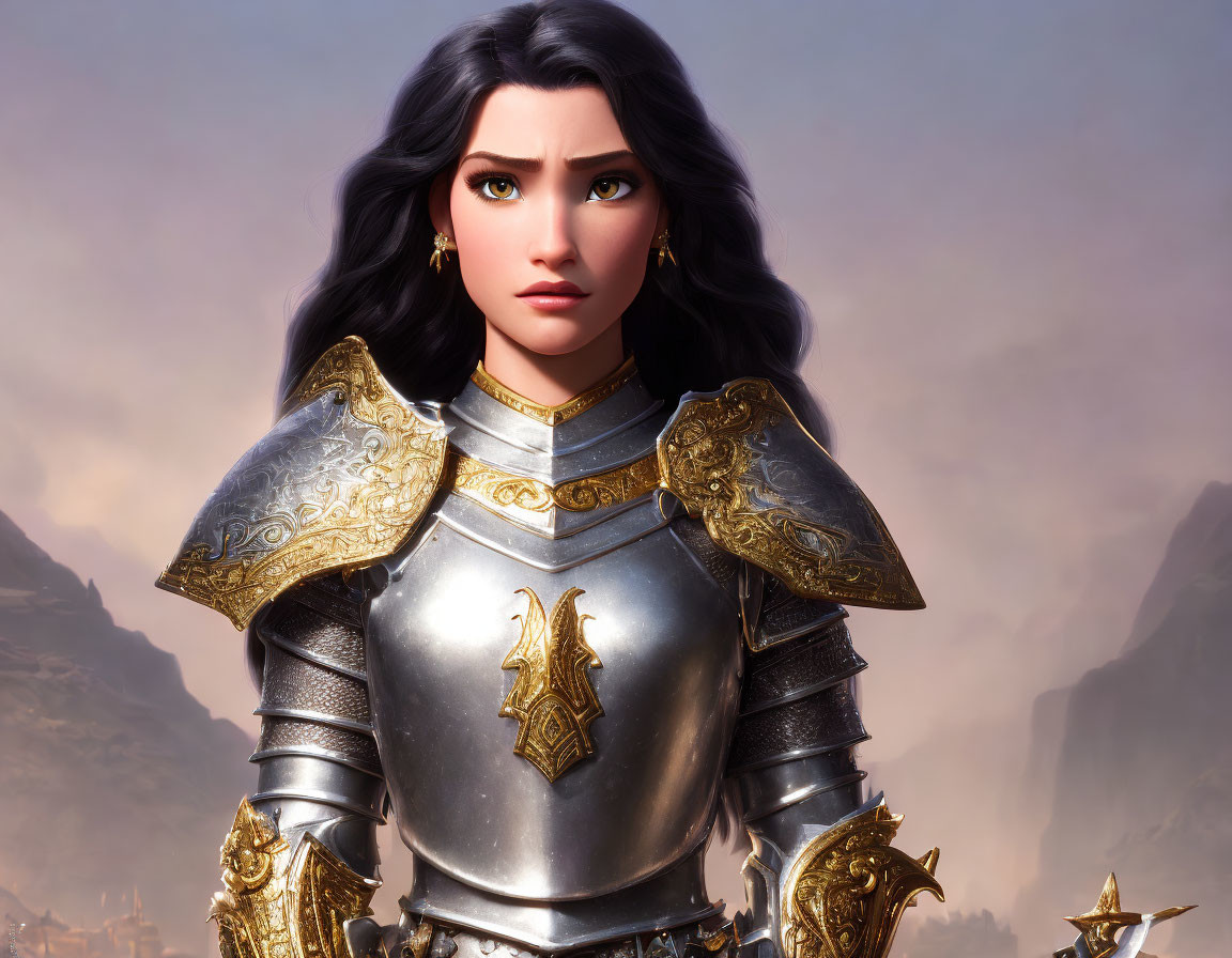 Female warrior in silver-gold armor with flowing hair in animated art