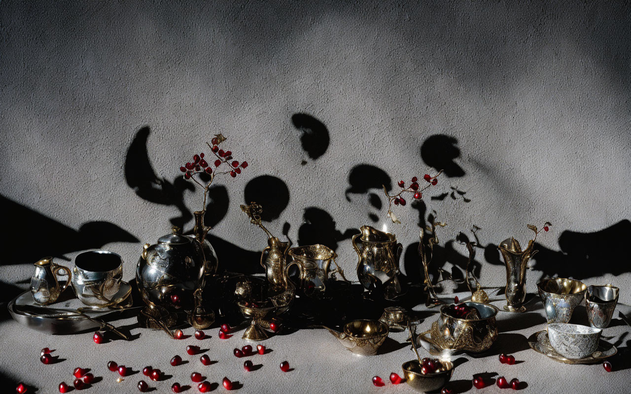 Antique Tea Set with Pomegranate Seeds and Shadows